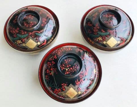 【雑誌掲載品】東北古漆器　秀衡塗　金箔/色漆　会津箔椀　江戸時代後期　3個セット