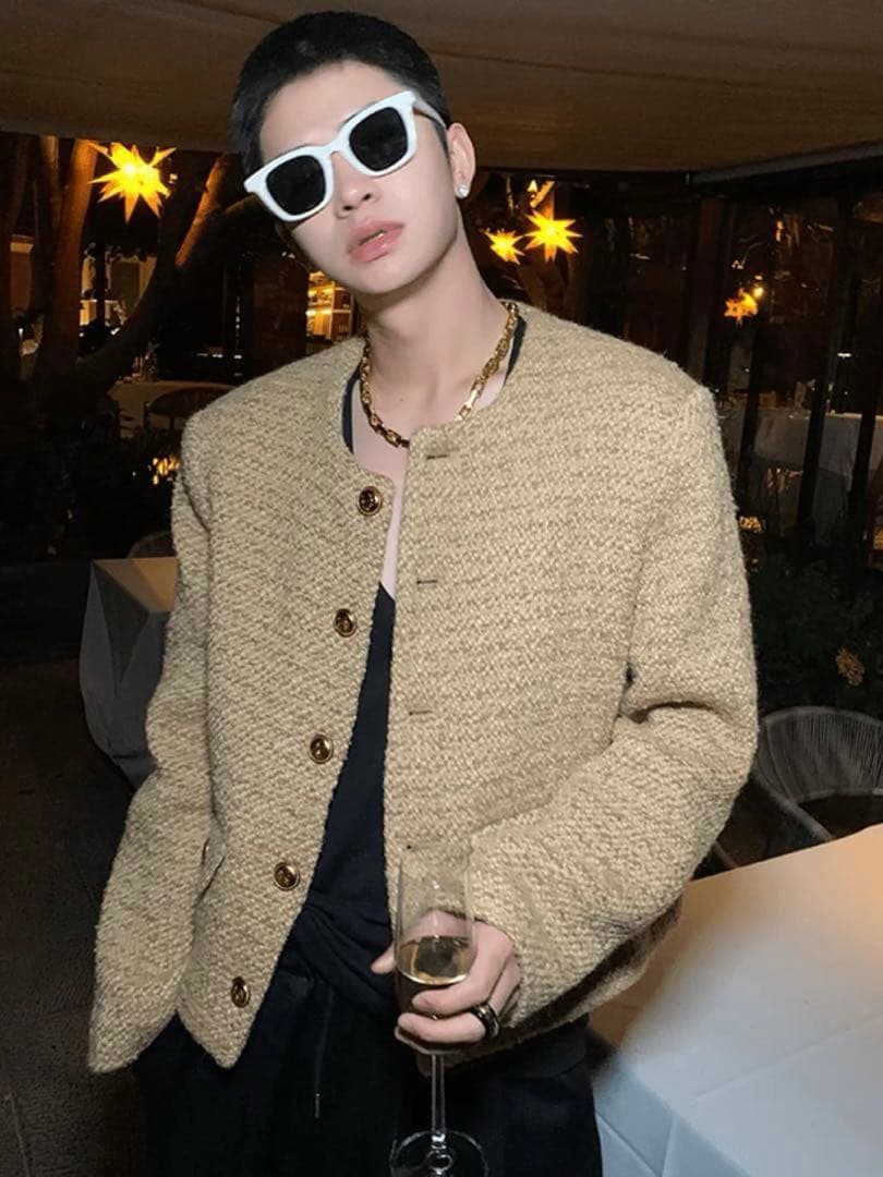 美品 ナノスタジオ ノーカラー ツイード ジャケット 金ボタン ベージュ