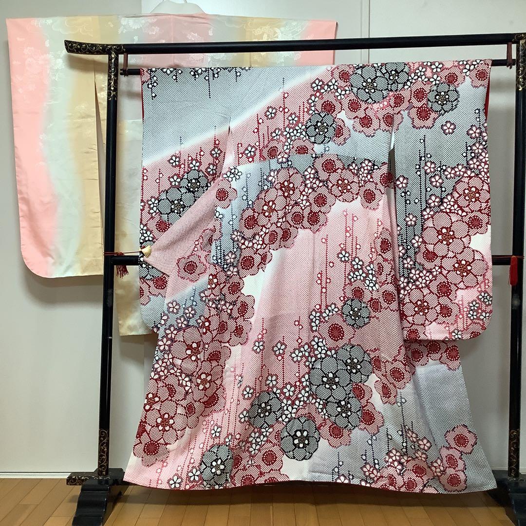 【惣次郎】小さめサイズ！やまと謹製！正絹振袖・長襦袢セット〜鹿子柄地に梅〜