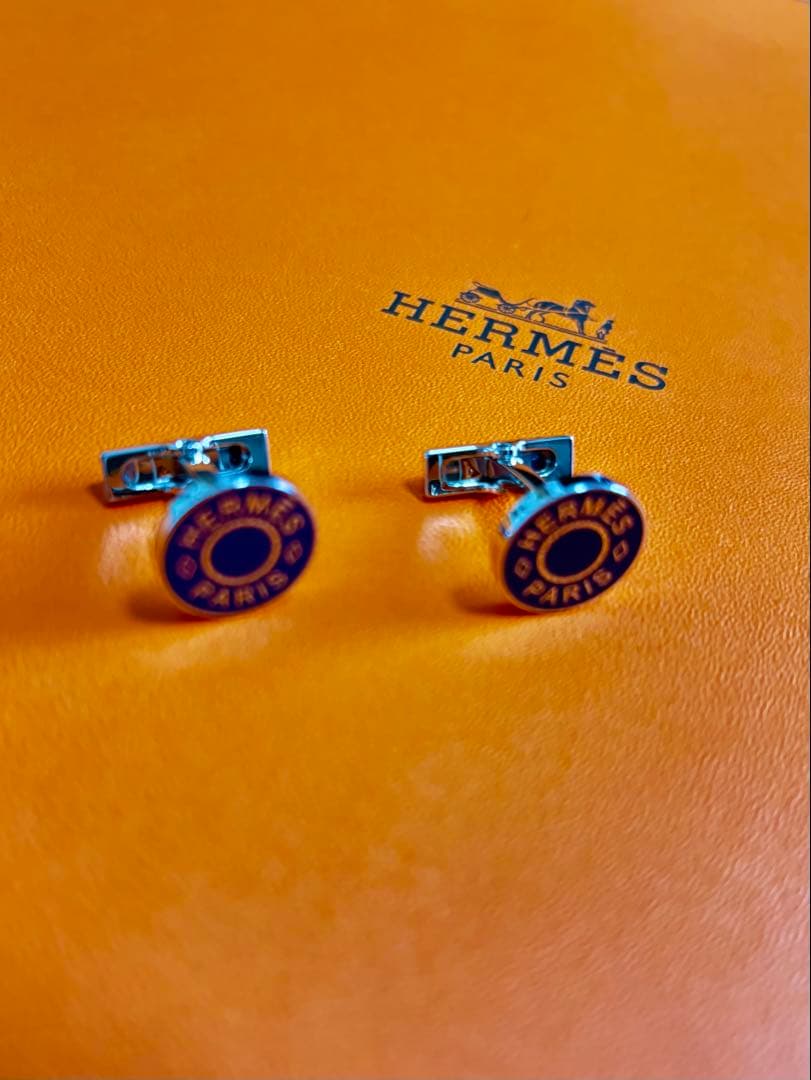 【正規品・付属品完備】HERMES カフリンクス リコル2 シルバー×ネイビー