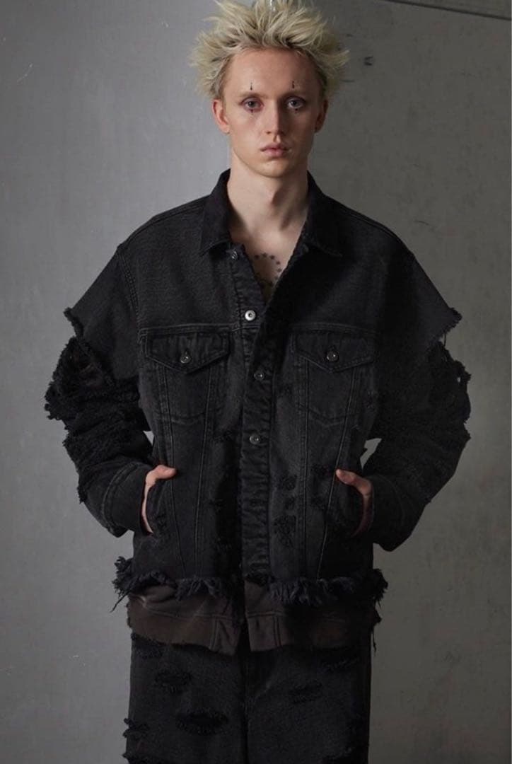 【GRANCY】スウェットドッキングデザインダメージデニムジャケット S