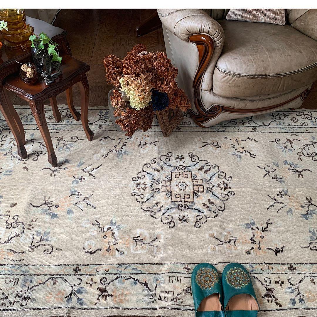 シノワズリ218×117 トルコヴィンテージラグ　ベージュ　オレンジ　トルコラグ