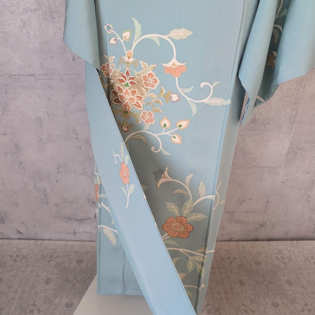 訪問着　フルセット　着物　正絹　淡い青緑　金彩加工　洋花　優美　爽やか　B2