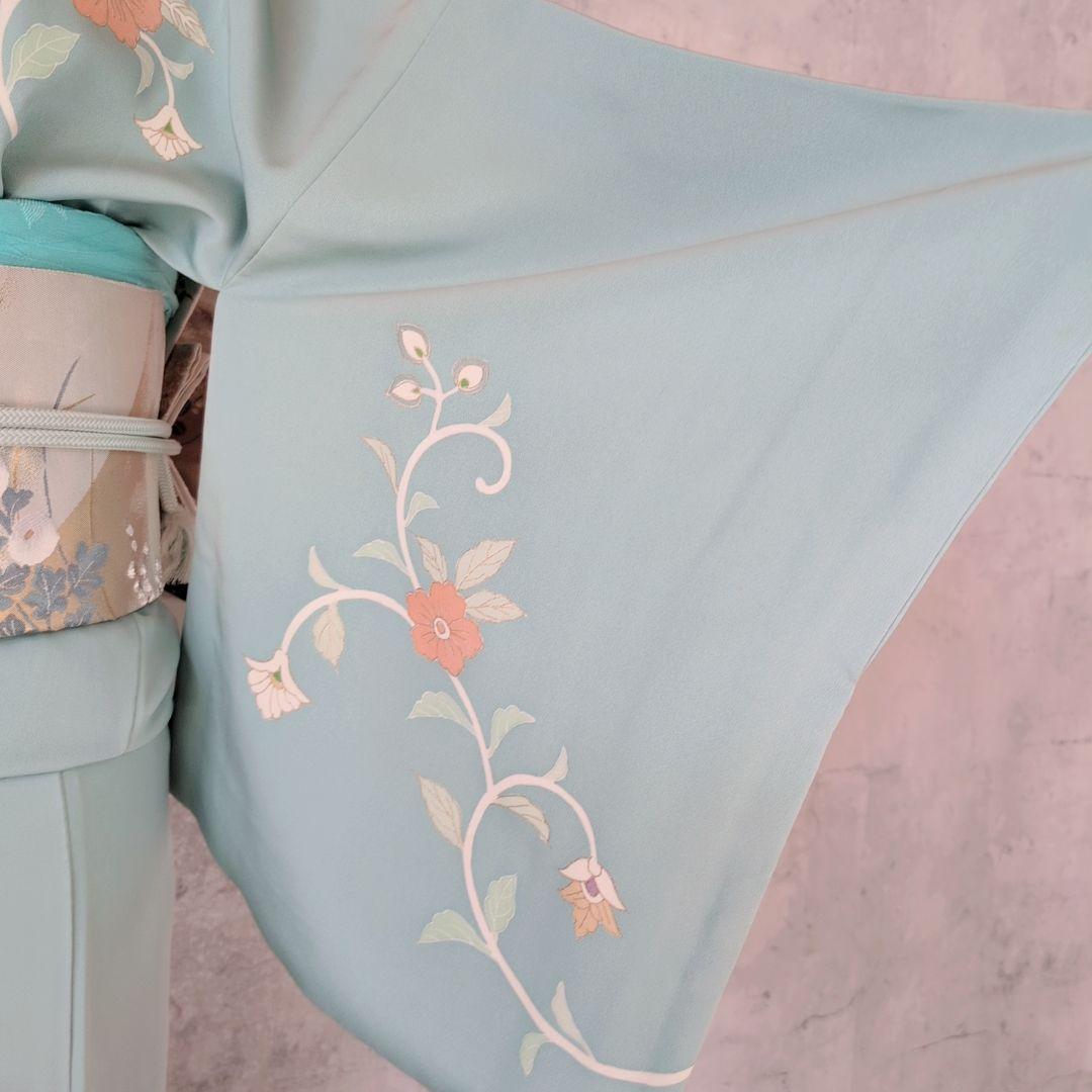 訪問着　フルセット　着物　正絹　淡い青緑　金彩加工　洋花　優美　爽やか　B2