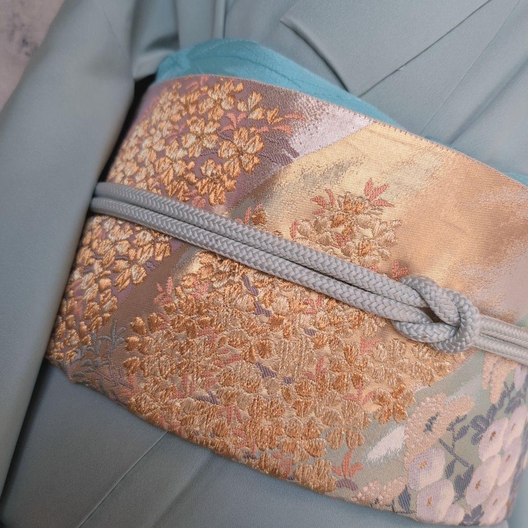 訪問着　フルセット　着物　正絹　淡い青緑　金彩加工　洋花　優美　爽やか　B2