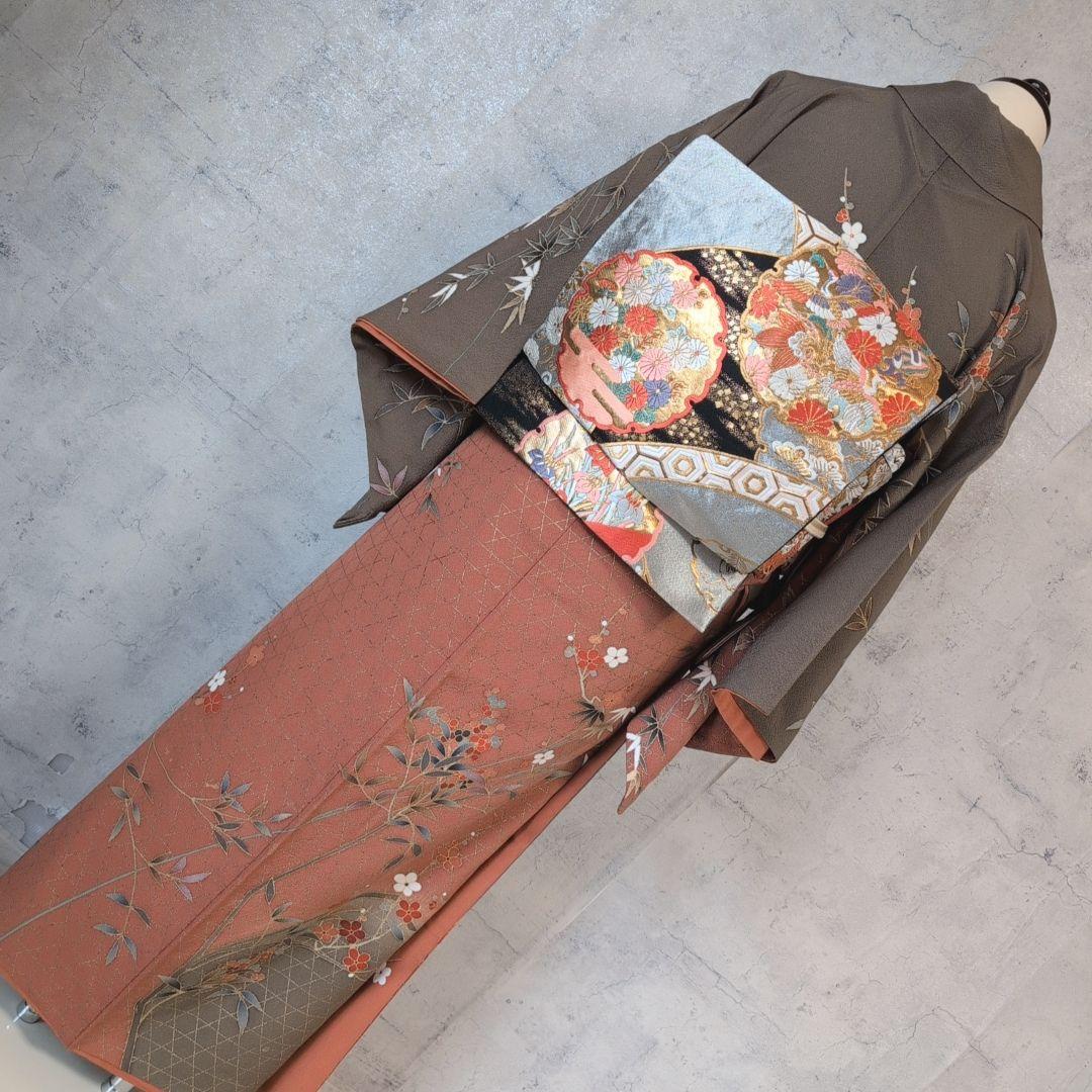 訪問着　フルセット　着物　正絹　ブラウン橙　金駒刺繍　花　O6