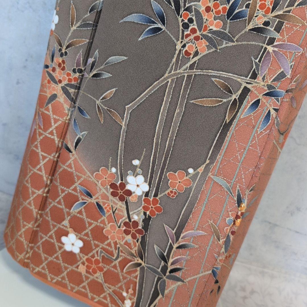 訪問着　フルセット　着物　正絹　ブラウン橙　金駒刺繍　花　O6