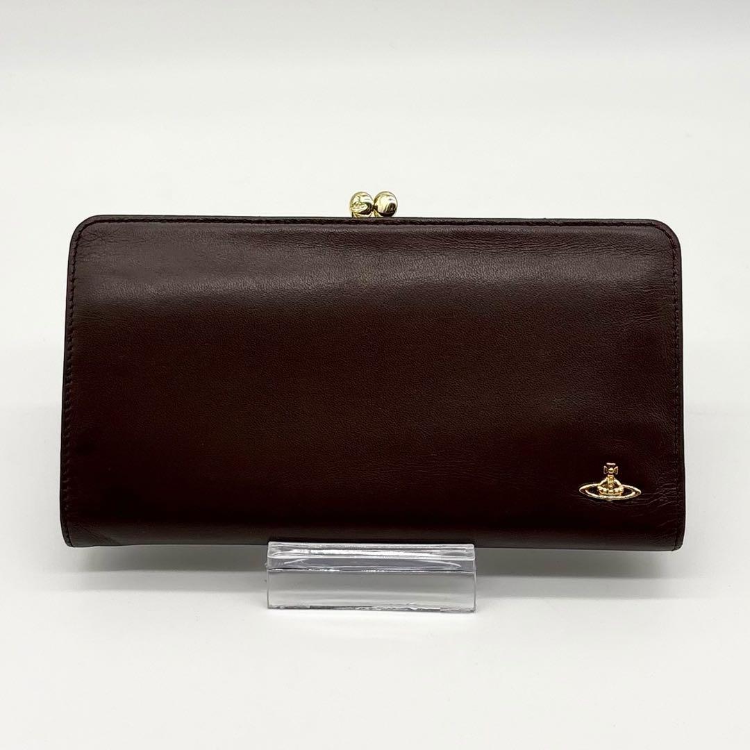【美品】箱付き ヴィヴィアンウエストウッド レザー 長財布 オーブ がま口 茶