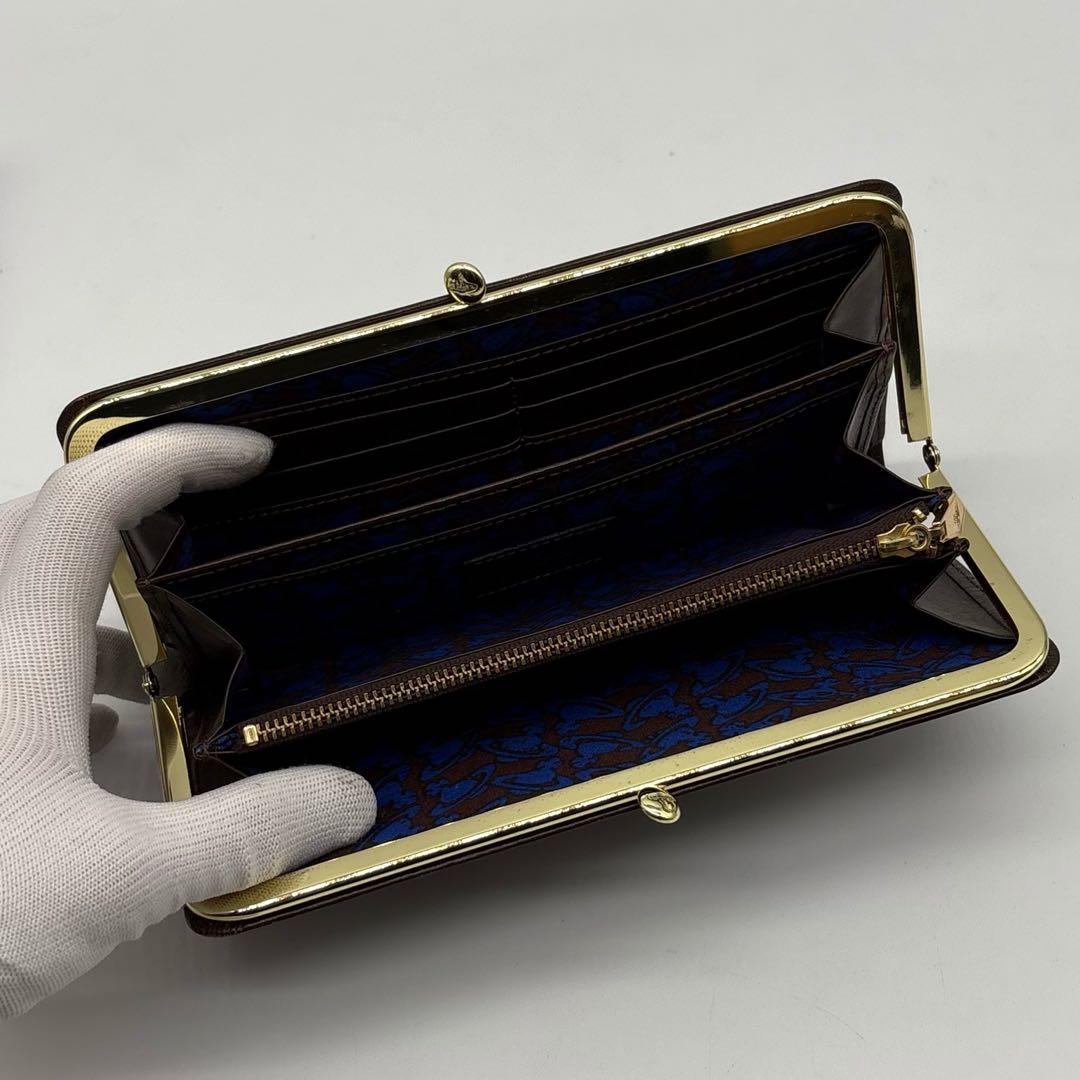 【美品】箱付き ヴィヴィアンウエストウッド レザー 長財布 オーブ がま口 茶