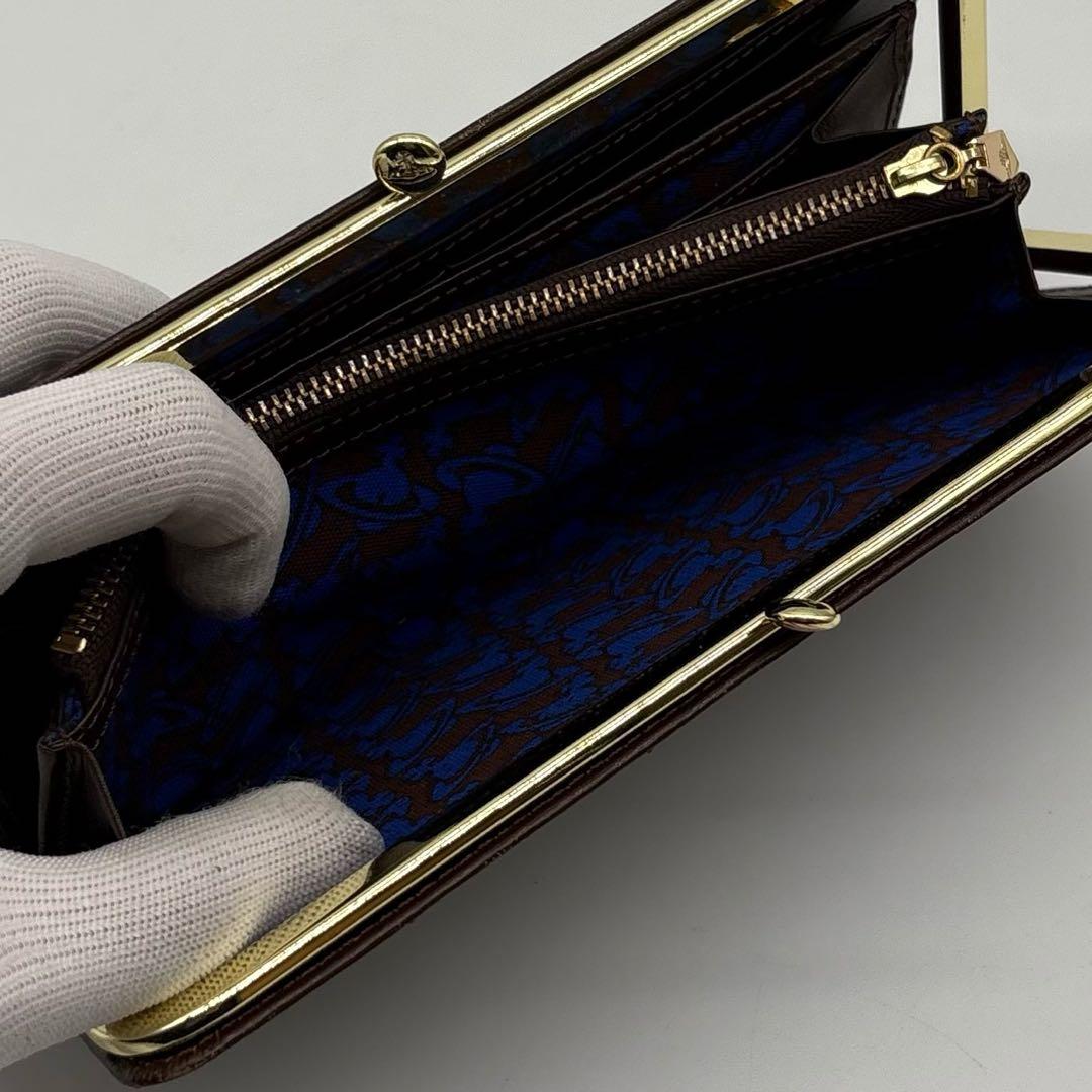 【美品】箱付き ヴィヴィアンウエストウッド レザー 長財布 オーブ がま口 茶