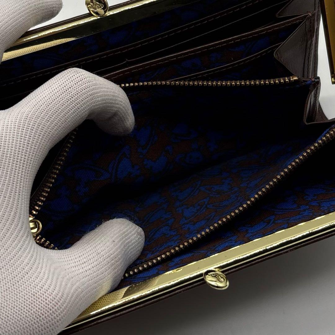 【美品】箱付き ヴィヴィアンウエストウッド レザー 長財布 オーブ がま口 茶