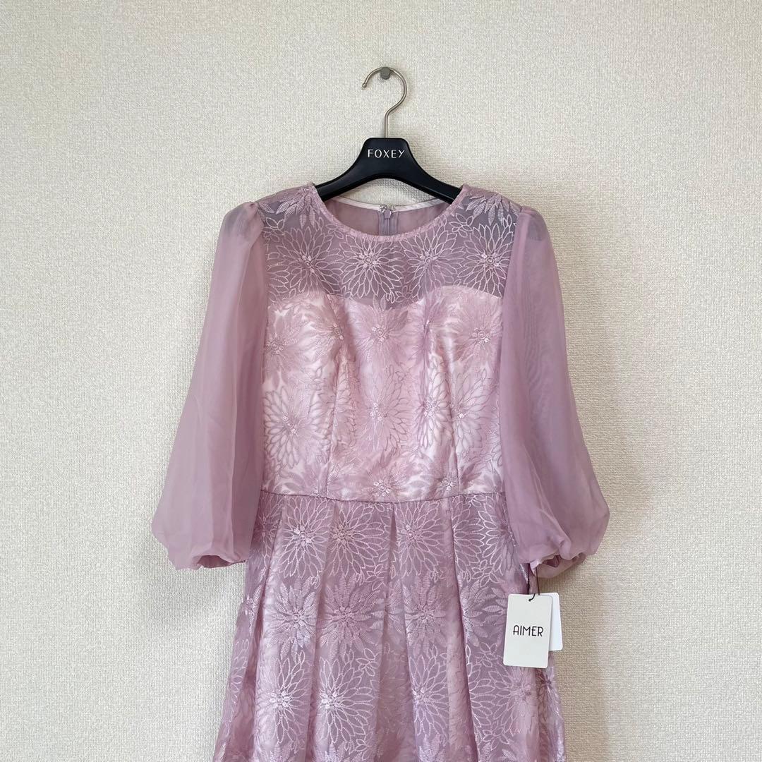 【新品未使用】AIMER オーガンジー花柄刺繍ボリュームスリーブドレス