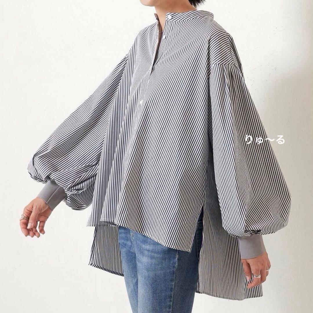 25AW⭐️1回短時間⭐️ビアズリー ソデリブフルアシャツ ストライプ／フリー