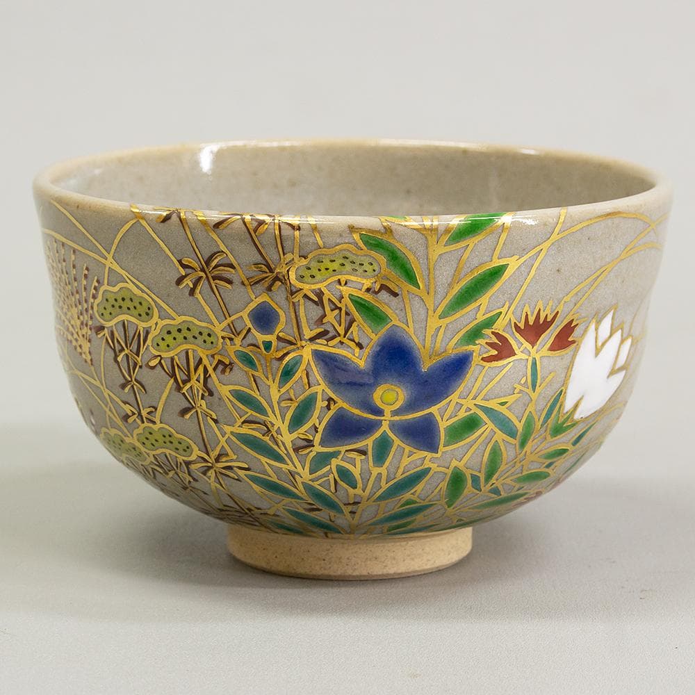 膳所焼 窯元 陽炎園 造 淡海ぜぜ 色絵秋草茶碗 共箱 茶道具 抹茶碗