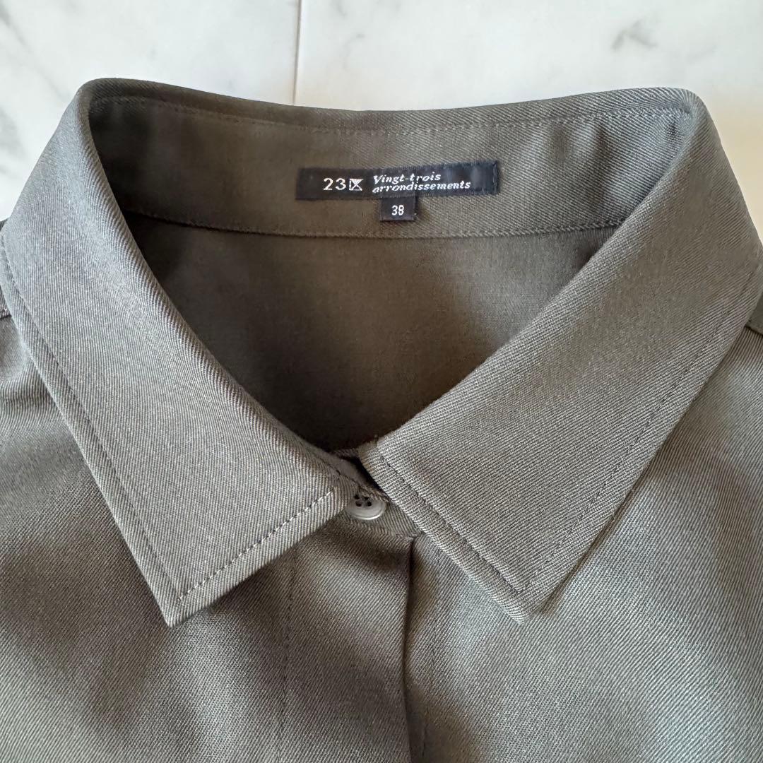 23区　シャツワンピース　ウール100 カーキ　ウエストリボン