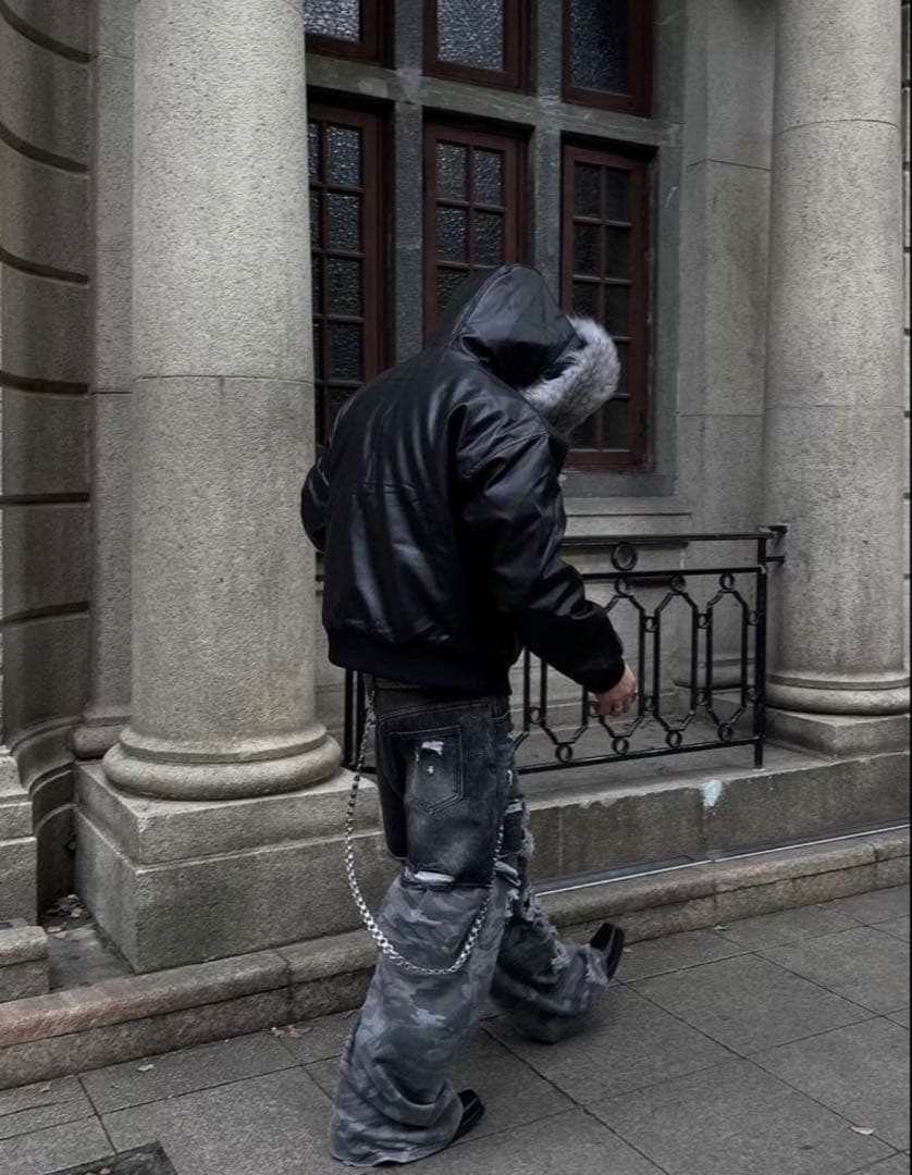 Y2K fur leather down Parker ファー着脱可能