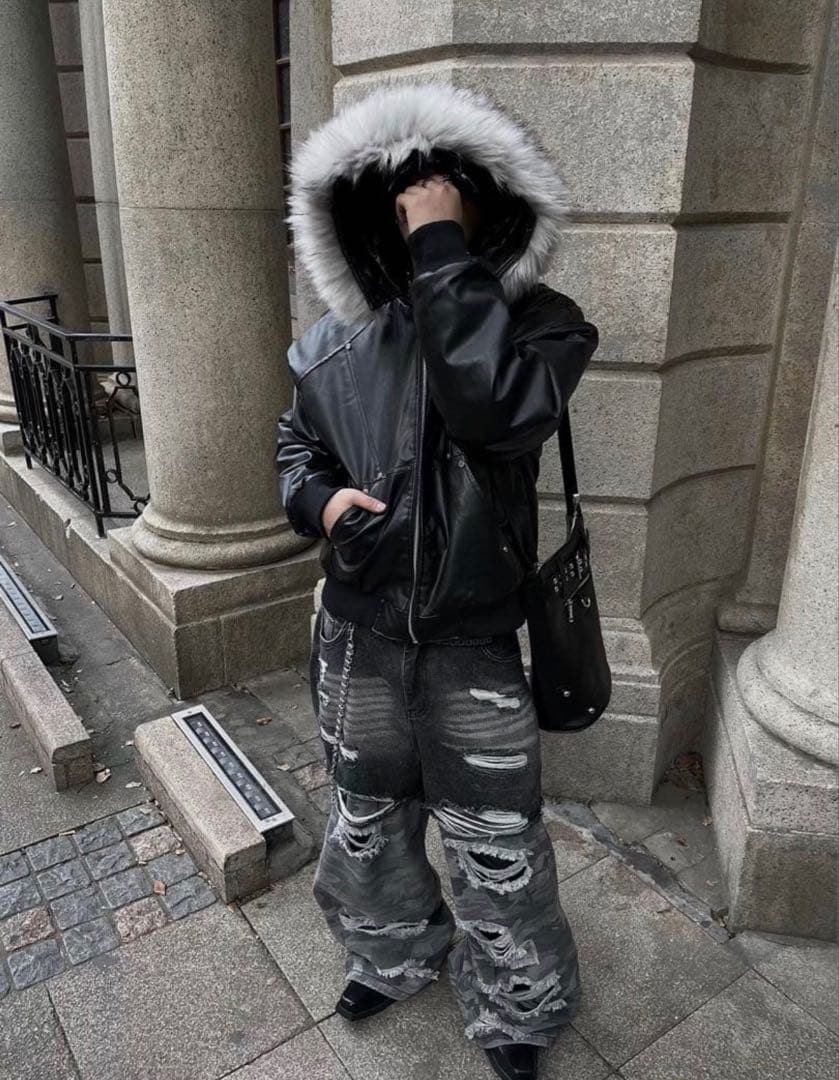 Y2K fur leather down Parker ファー着脱可能