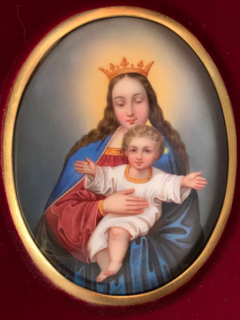 ドイツ製　破格！アンティーク聖母子の陶板額装品！色が綺麗でマリア様が優しい！