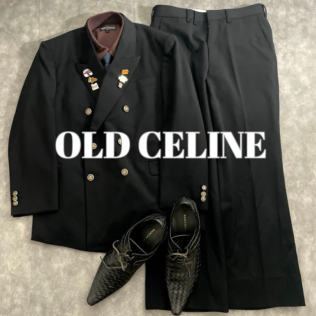 極上 漆黒ウール 黒金ボタン ダブルブレストスーツ OLD CELINEネクタイ
