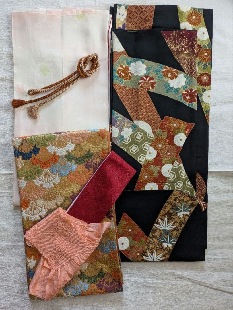 振袖　セット　正絹　成人式　古典柄　黒　長襦袢　袋帯