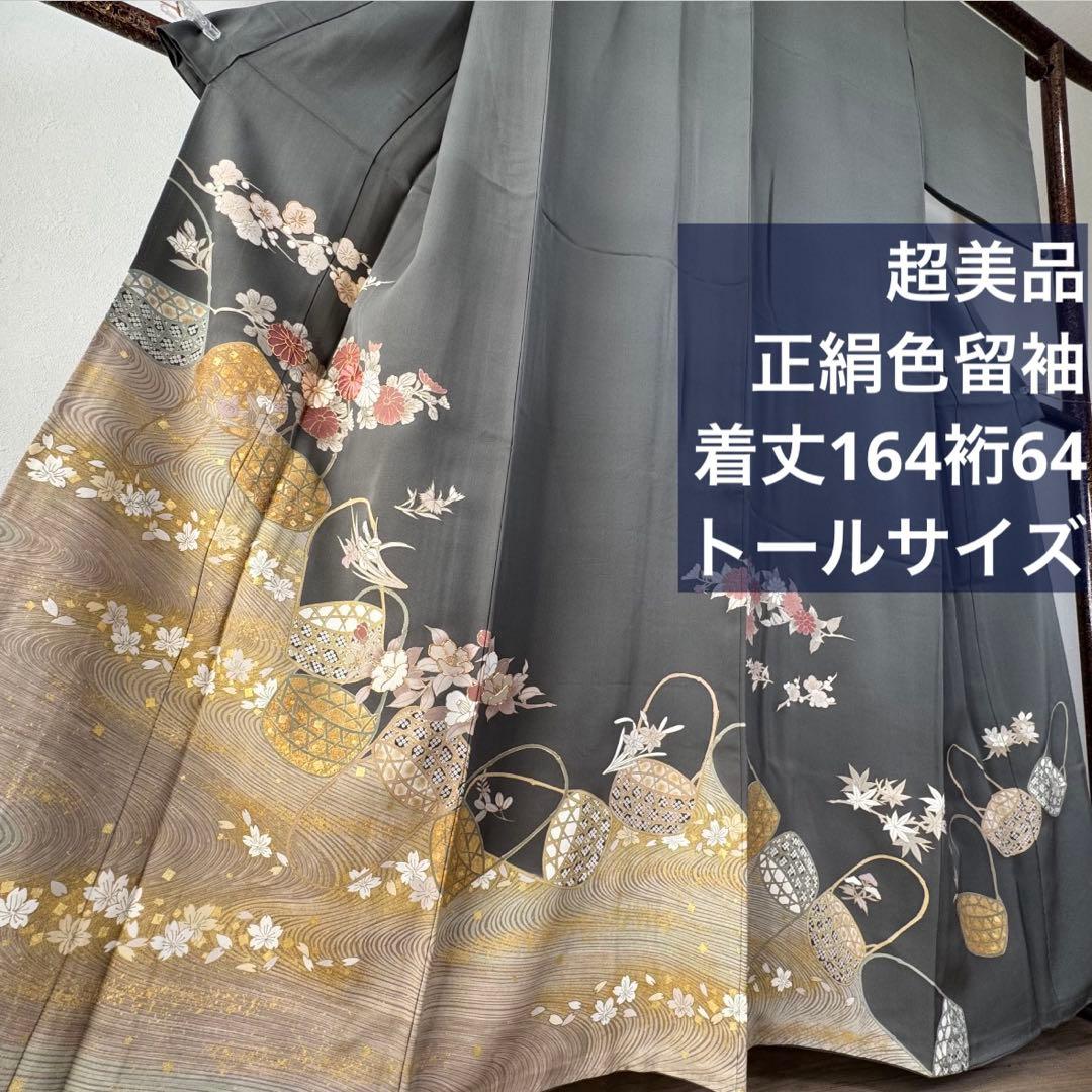 超美品　正絹　袷　現代　広襟　色留袖　着物　 164裄64 グレー　一紋　刺繍