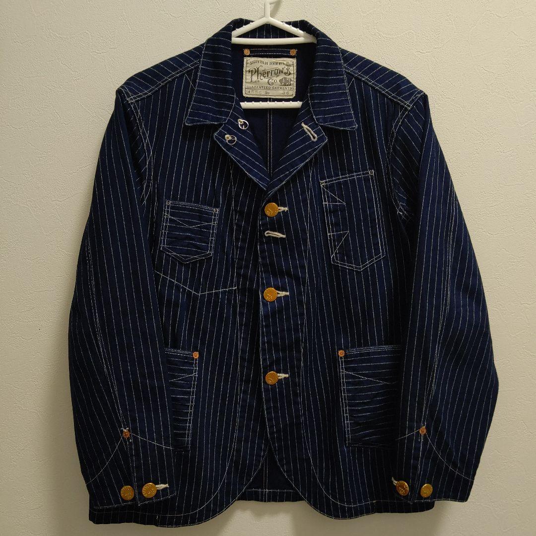 Pherrow's ネイビー ストライプ デニム カバーオール