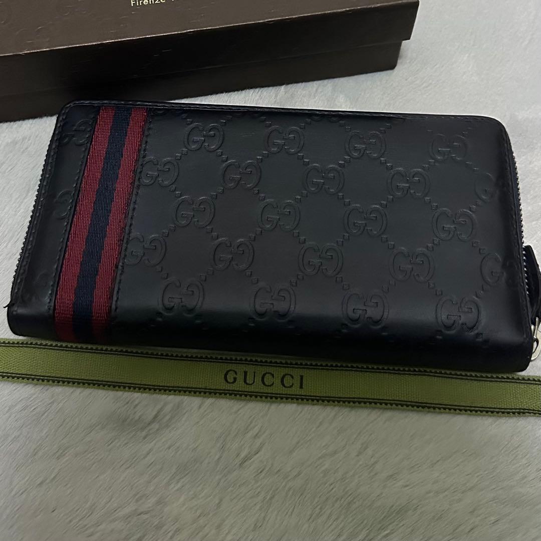 GUCCI グッチ　長財布　シェリーライン　ネイビー　ラウンドファスナー　GG
