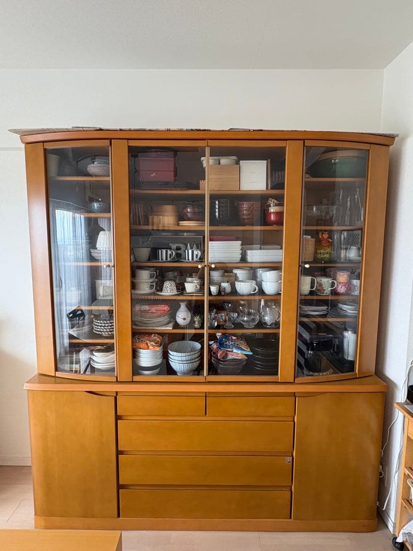 食器棚 ガラス扉 引出し 引き戸 ブラウン キッチンボード カップボード うつわ