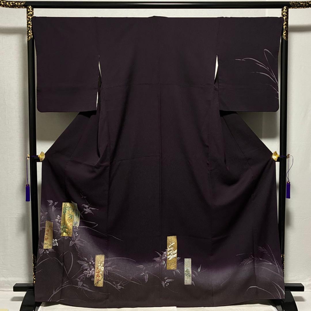 D22 訪問着 金彩 花模様 鶴 濃紫 正絹 着物 袷 極美品