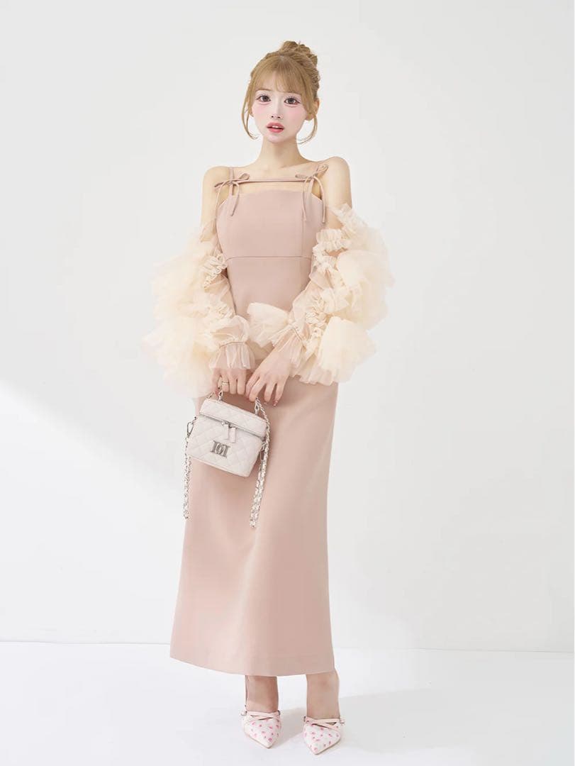 ダーリッチ ボリュームスリーブチュールロングドレス　ピンク