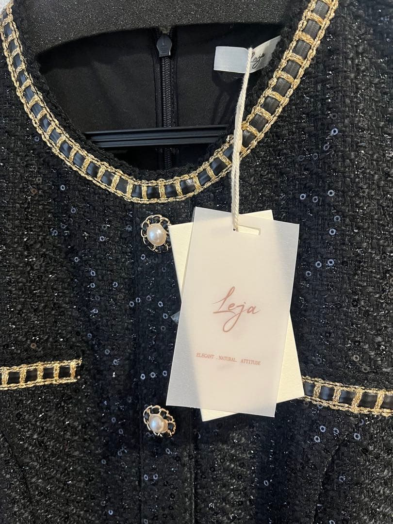 leja ラメツイードレザーパイピングパールマーメイドワンピースドレス