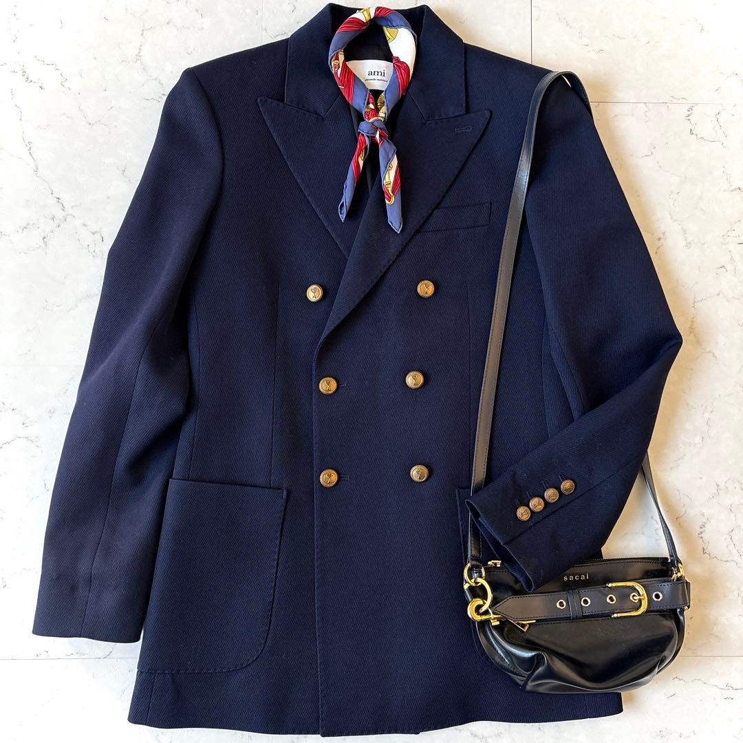 美品 アミパリス ハート金ボタン ダブル テーラードジャケット ブレザー 紺ブレ