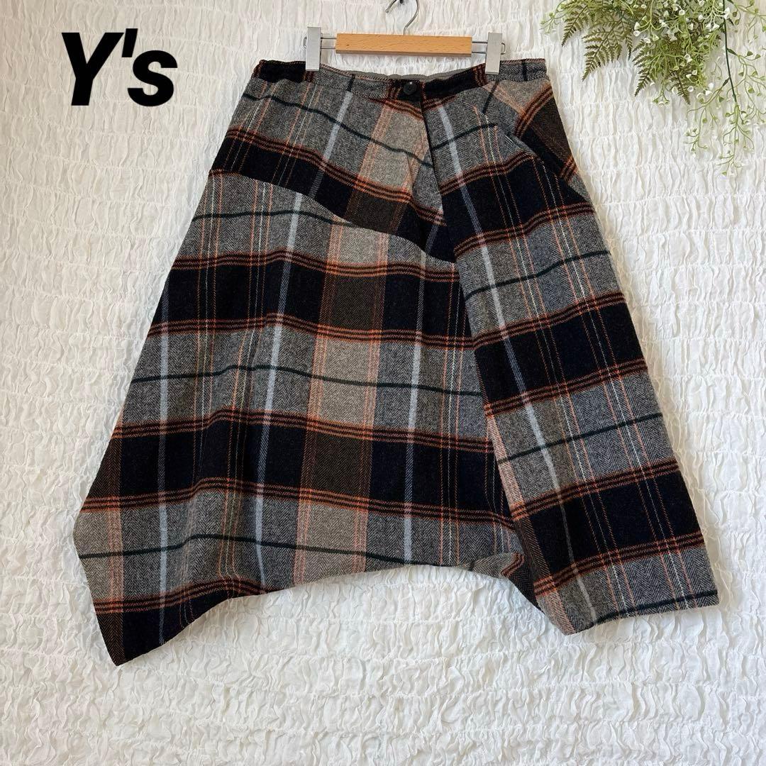 Y's ワイズ 変形 サルエルパンツ ウール チェック アシンメトリー 日本製