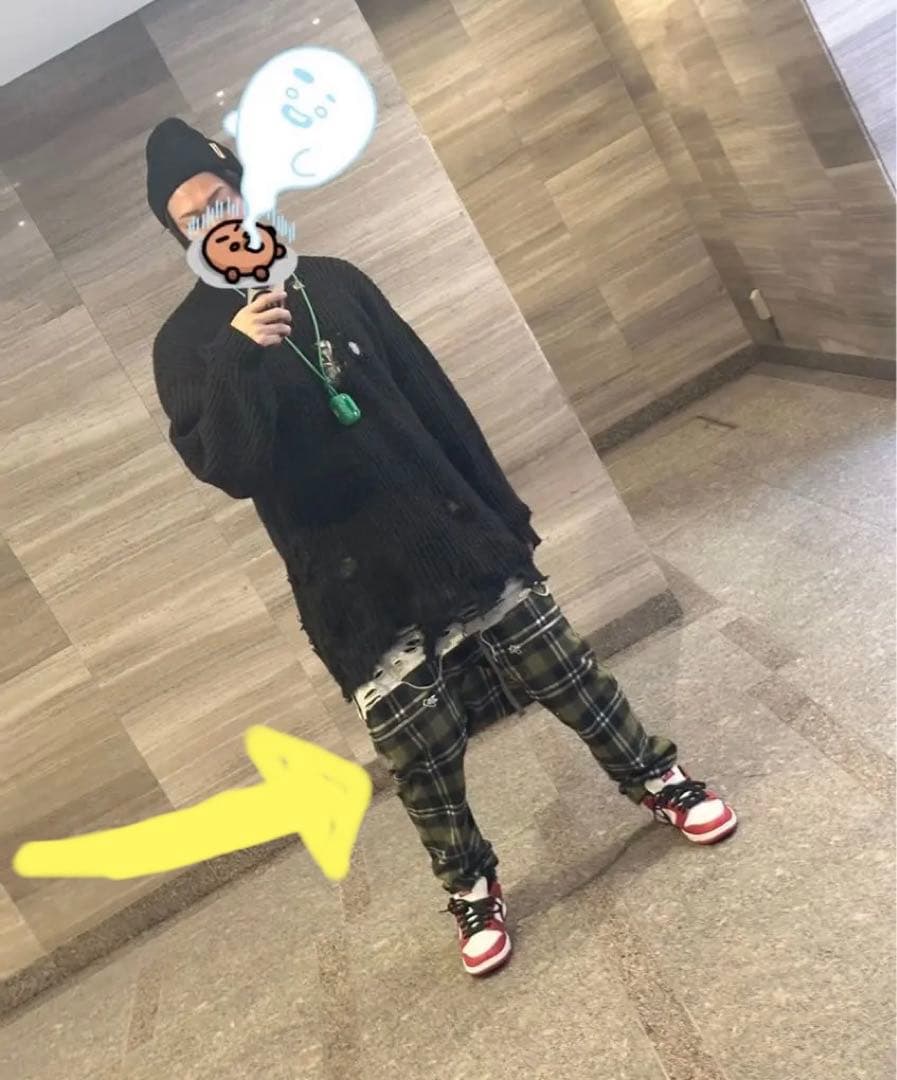 A.F ARTEFACTサルエルパンツ 緑と黒のチェック柄