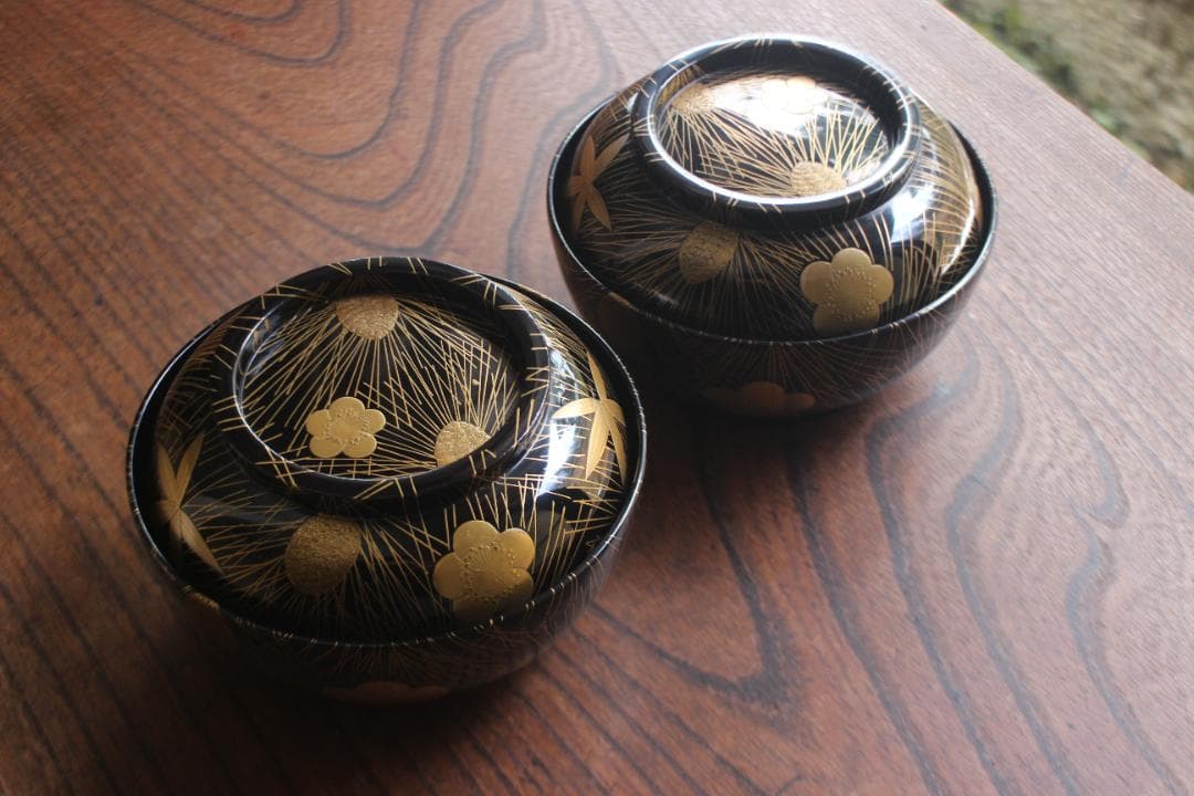 時代逸品！時代黒漆に極上松竹梅蒔絵の映える煮物椀2点（検輪島塗雑煮椀蒔絵椀