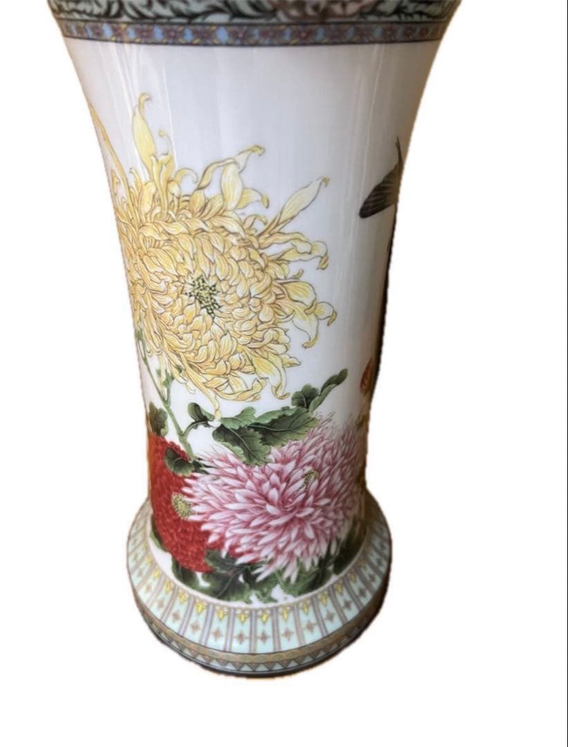 希少 ヴィンテージ 色絵磁器花瓶 「四季菊花山雀」愛新覚羅毓誉 中国陶磁器