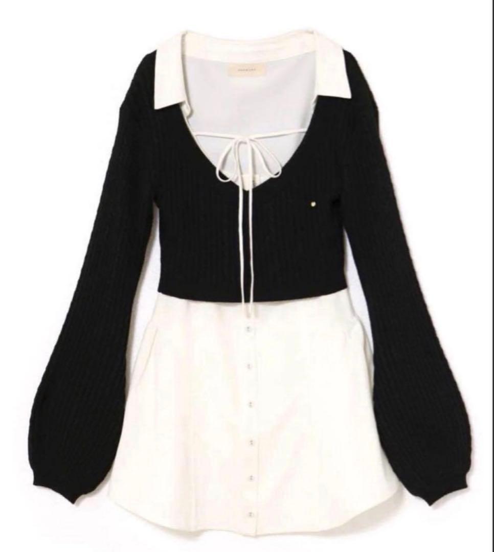 黒と白のVネック長袖ミニワンピース　andmary