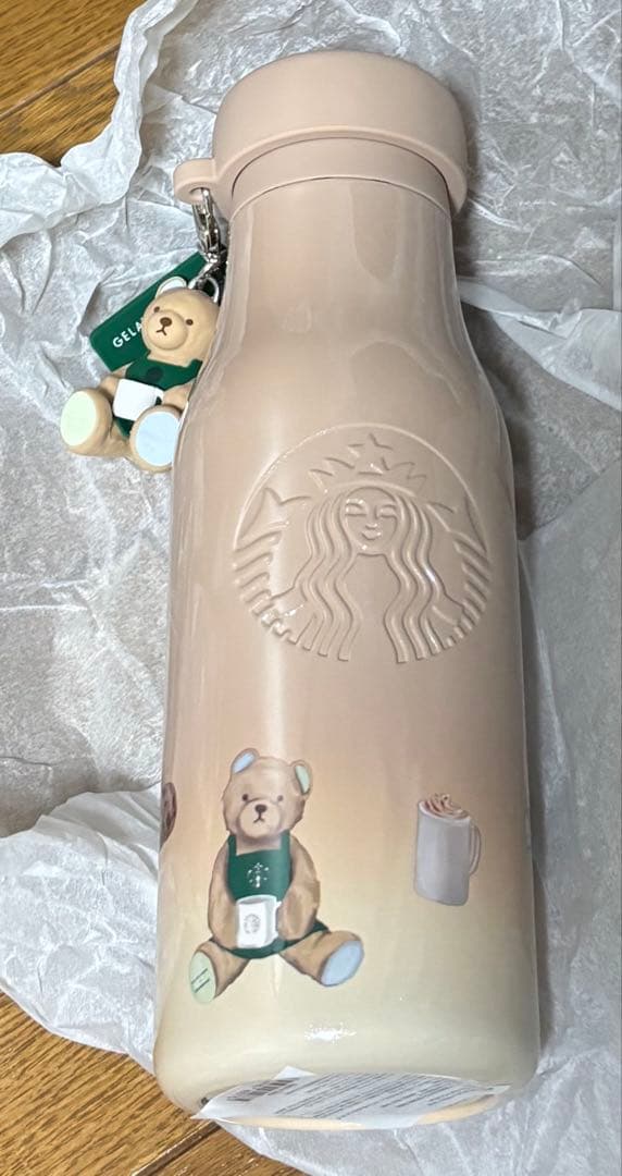 スタバ×ジェラピケステンレスボトル ベアチャーム付き モカベージュ