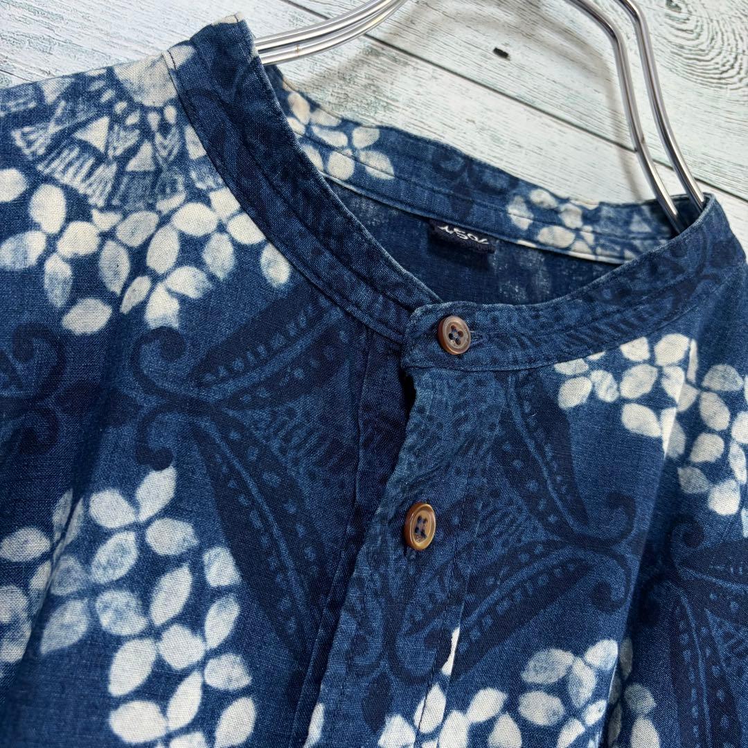 ☆美品☆45R 抜染プリントのビッグシャツドレス（インディゴ）　0サイズ