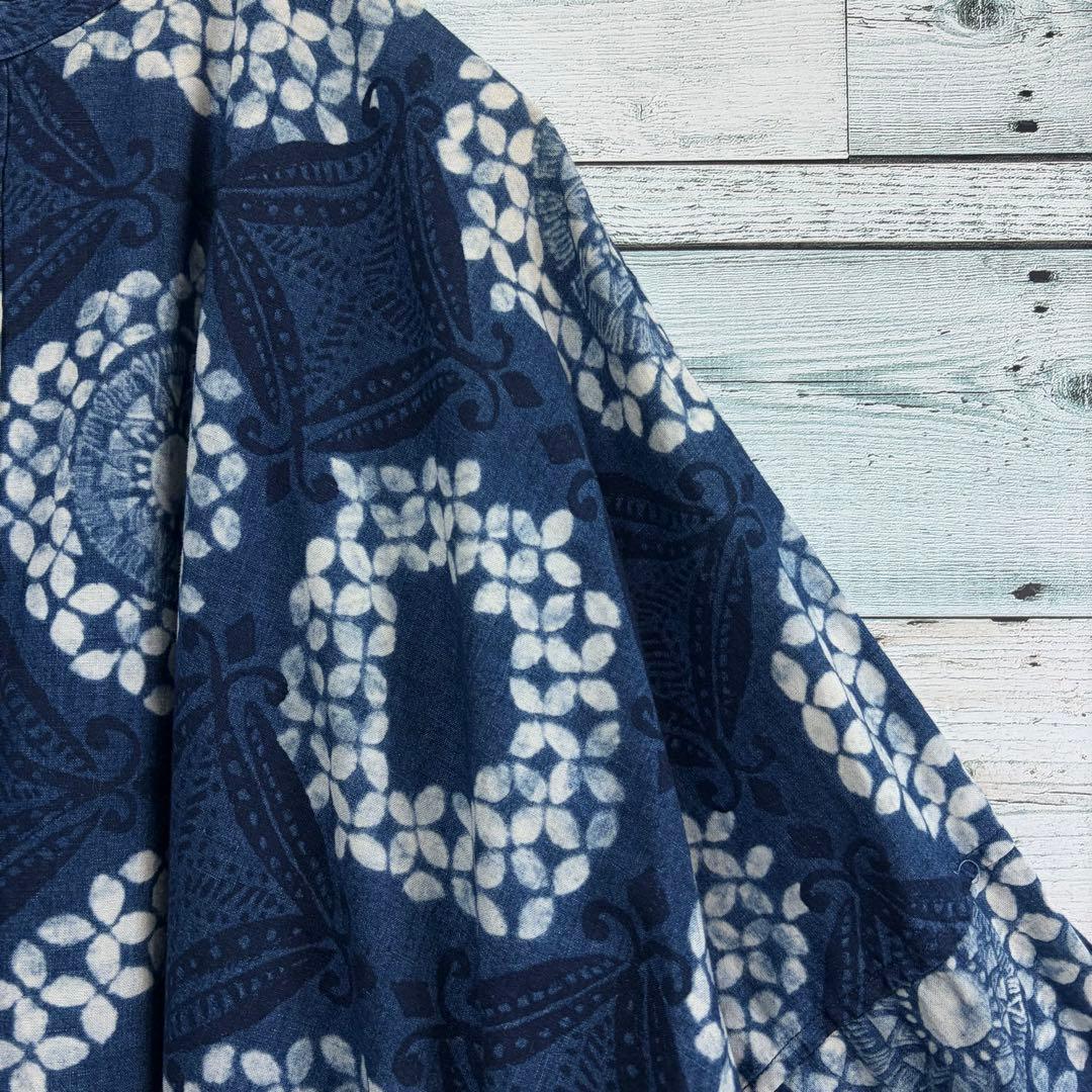 ☆美品☆45R 抜染プリントのビッグシャツドレス（インディゴ）　0サイズ