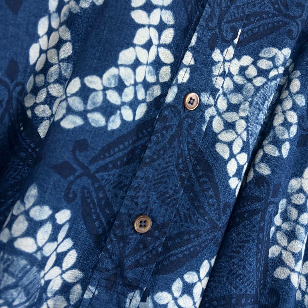 ☆美品☆45R 抜染プリントのビッグシャツドレス（インディゴ）　0サイズ