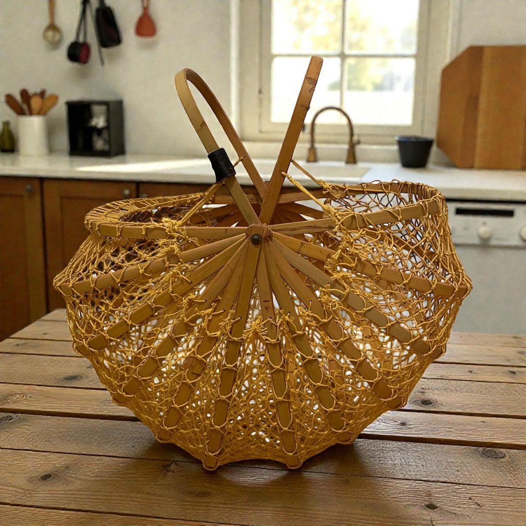 折りたたみかごバッグ　ピーコックバッグ　ヴィンテージ　レトロ　竹　イエロー