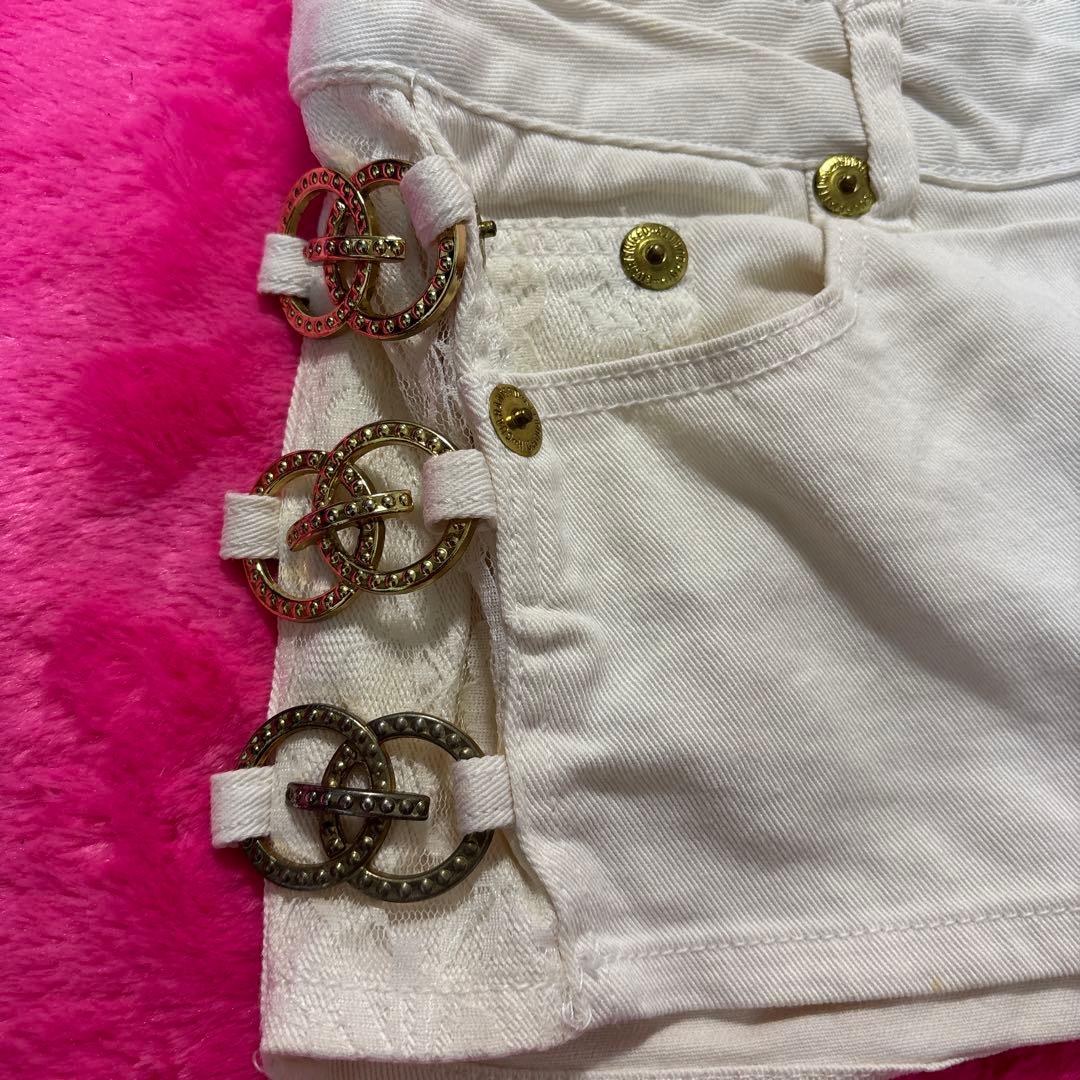 Y2K 平成ギャル系ホワイトデニムショートパンツサイドリング付き