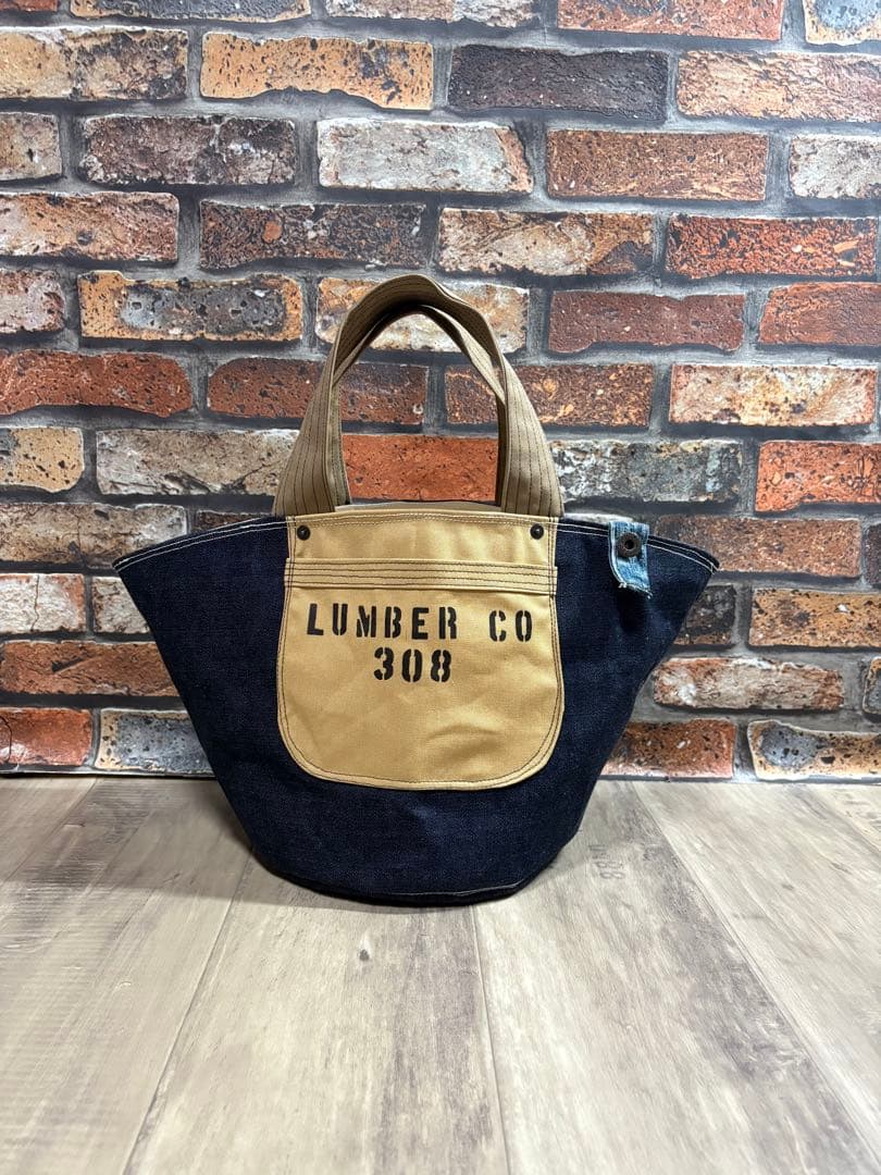 デニムリメイク　大きい丸底トートバッグ