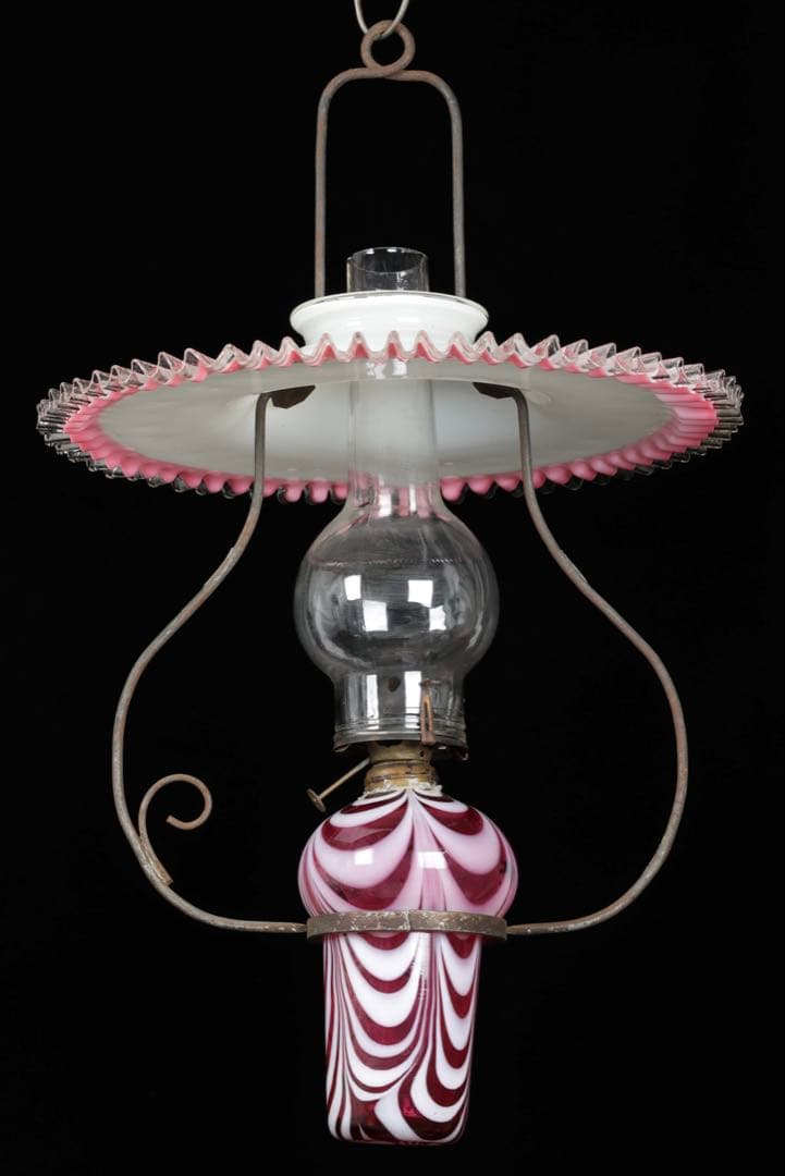 け*ん様 吊りオイルランプ 明治～大正期 乳白ガラス傘 マーブルピンク模様オイル