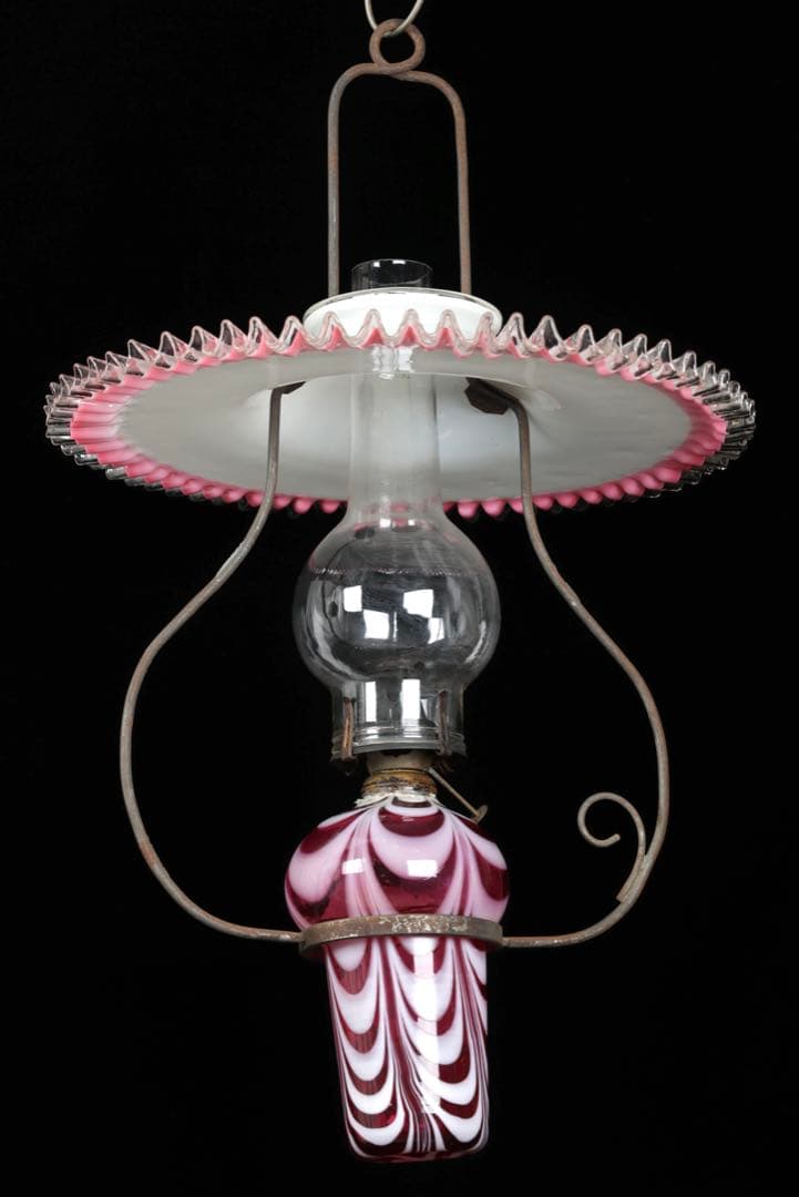 け*ん様 吊りオイルランプ 明治～大正期 乳白ガラス傘 マーブルピンク模様オイル