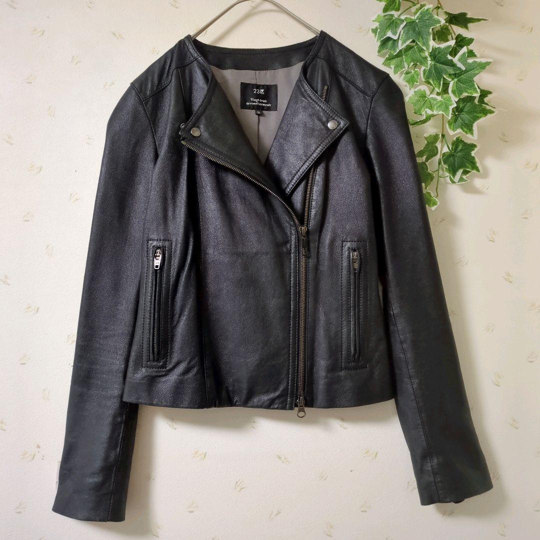 23区 ニジュウサンク　ライダースジャケット　ノーカラー　レザー　ブラック　M