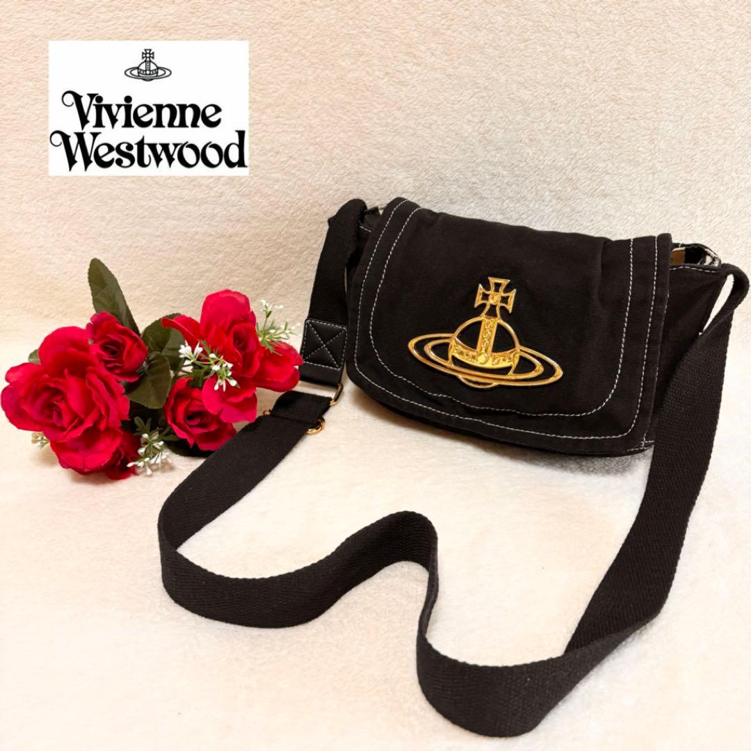 Vivienne Westwood デカオーブブラックキャンバスショルダーバッグ