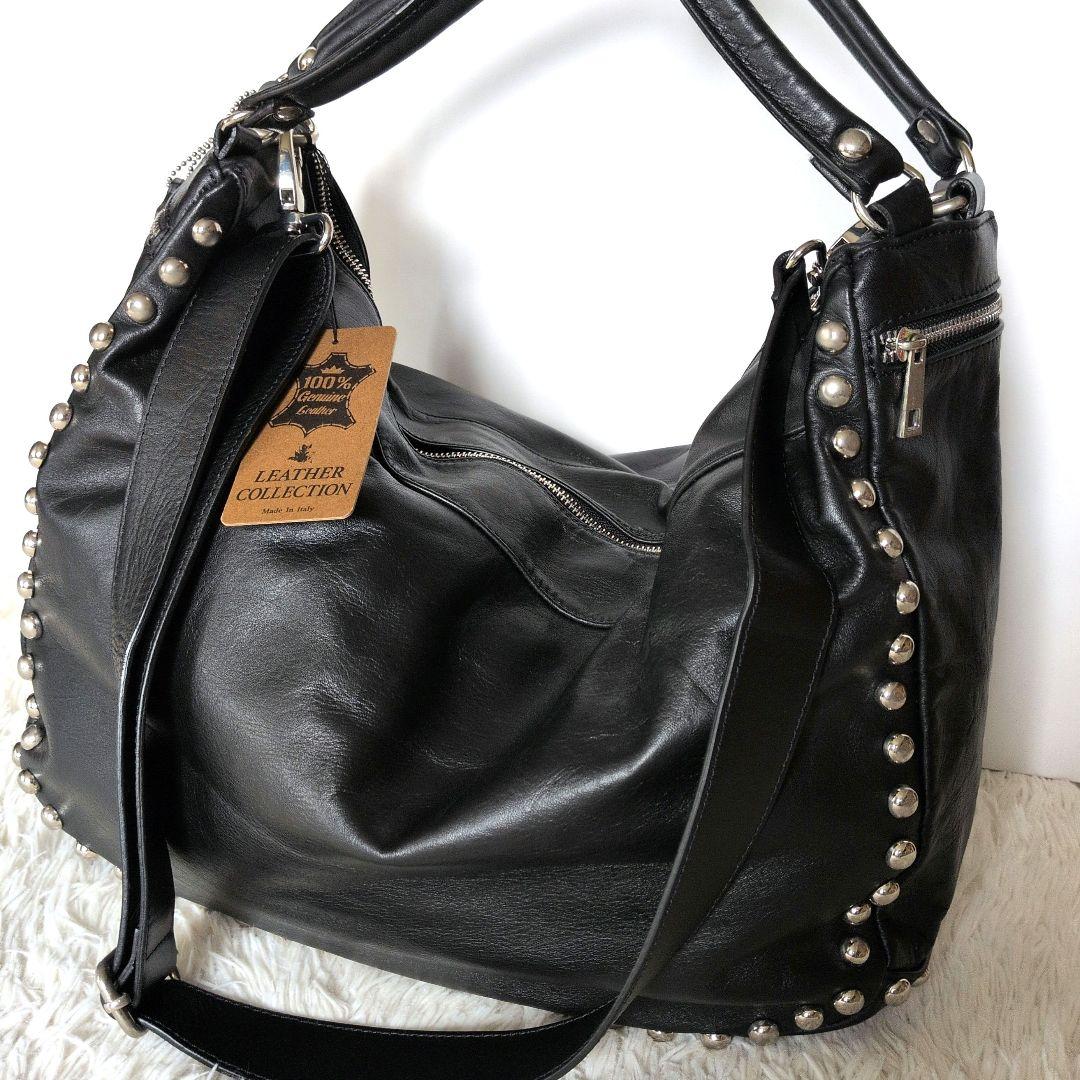 【新品】イタリア製本革スタッズバック レザーブラック2wayバッグ