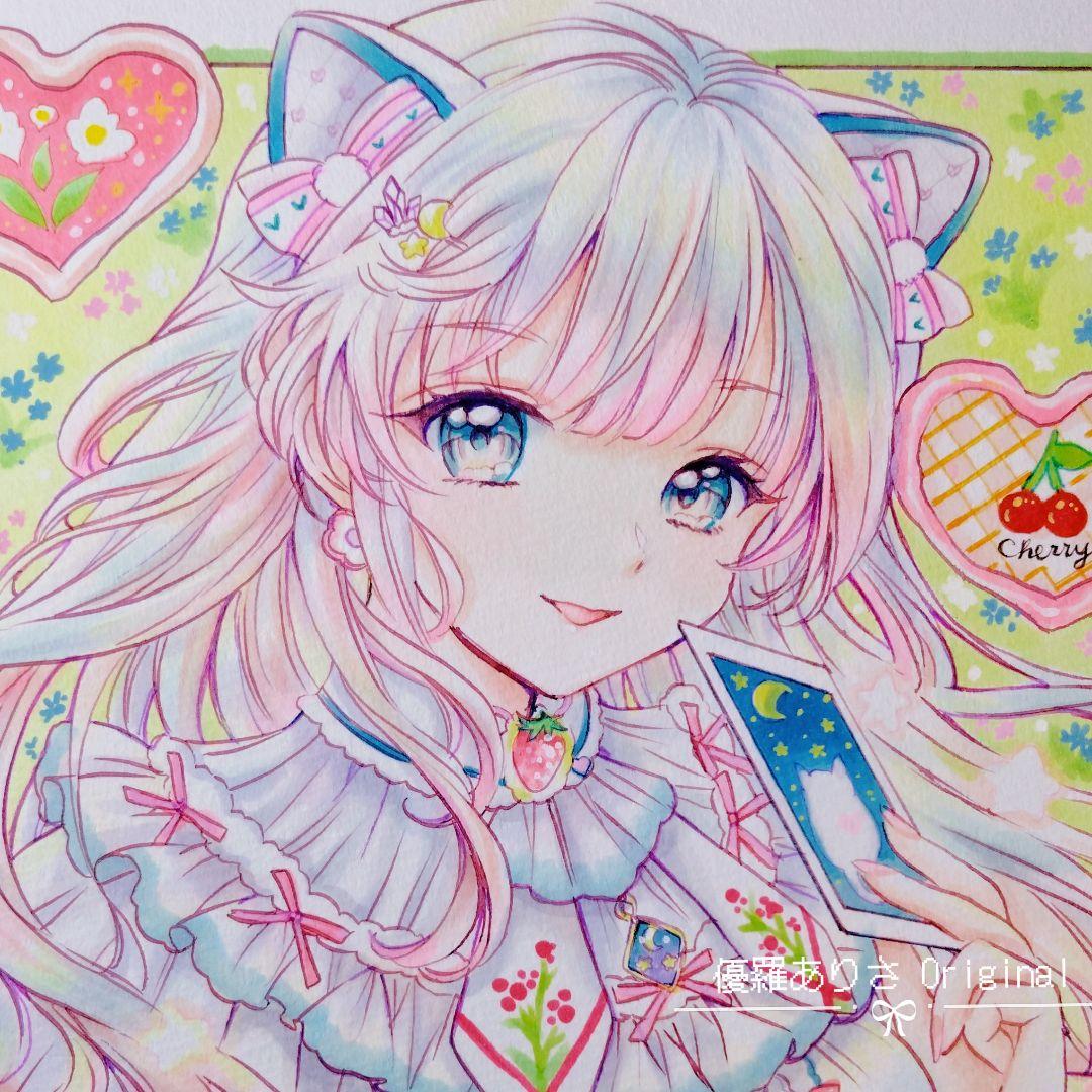 創作【Fancy☆girl 2】手描きイラスト 原画 アナログイラスト 中色紙